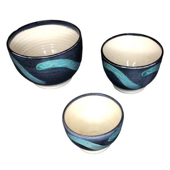 Artisan Pottery Ceramic Nesting Bowls Set Blue Turquoise 1987 Southwestern EUC - Picture 2 of 12